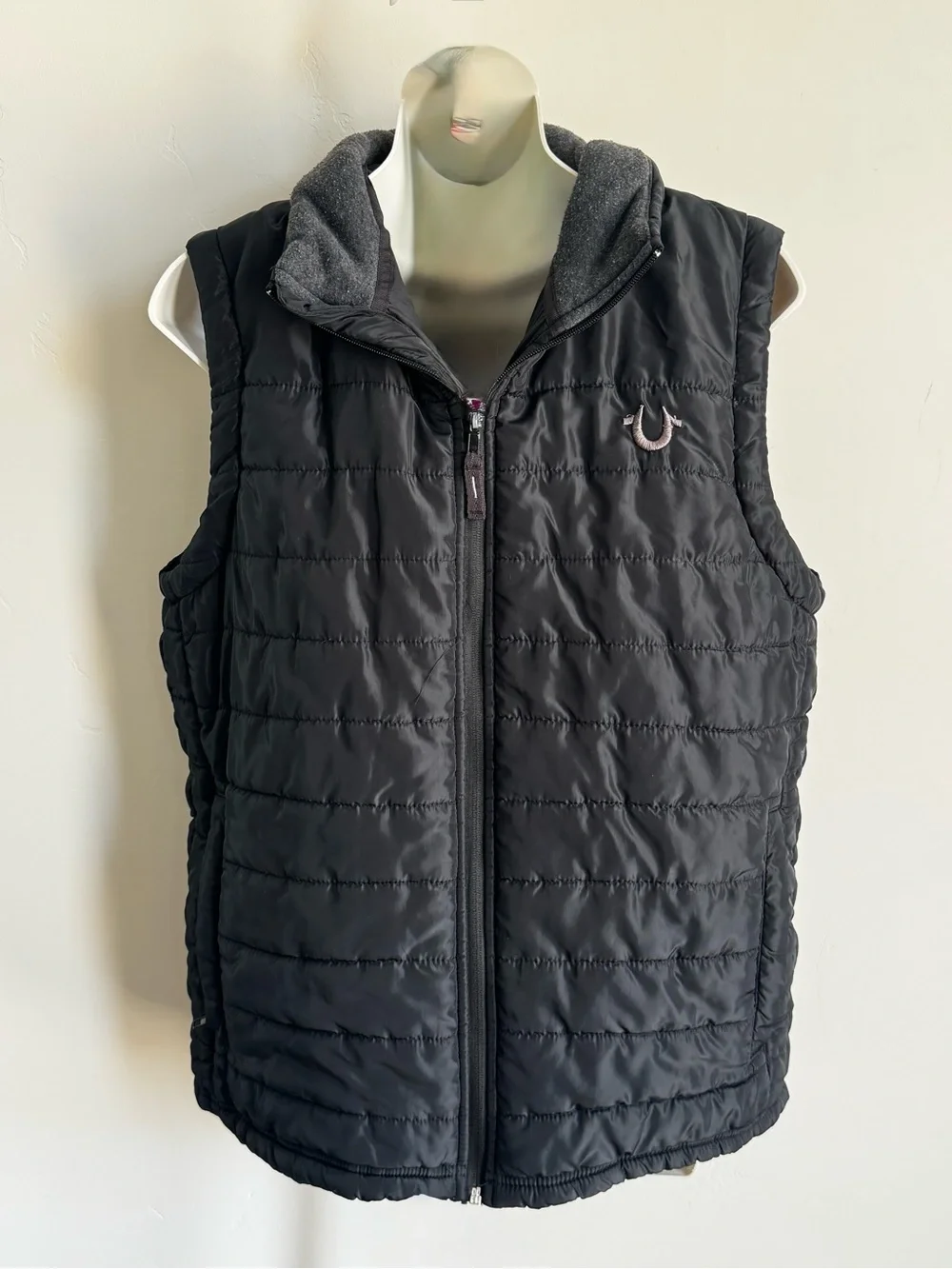 True Religion Black Quilted Puffer Vest with Gray Hood Lining